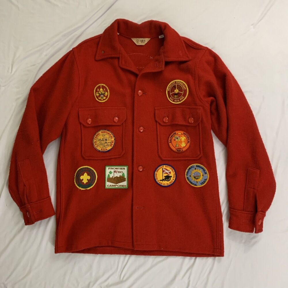 Vintage Boy Scouts Of America Wool Flannel Shirt Jacket Sz 40 Red 1960s Patches